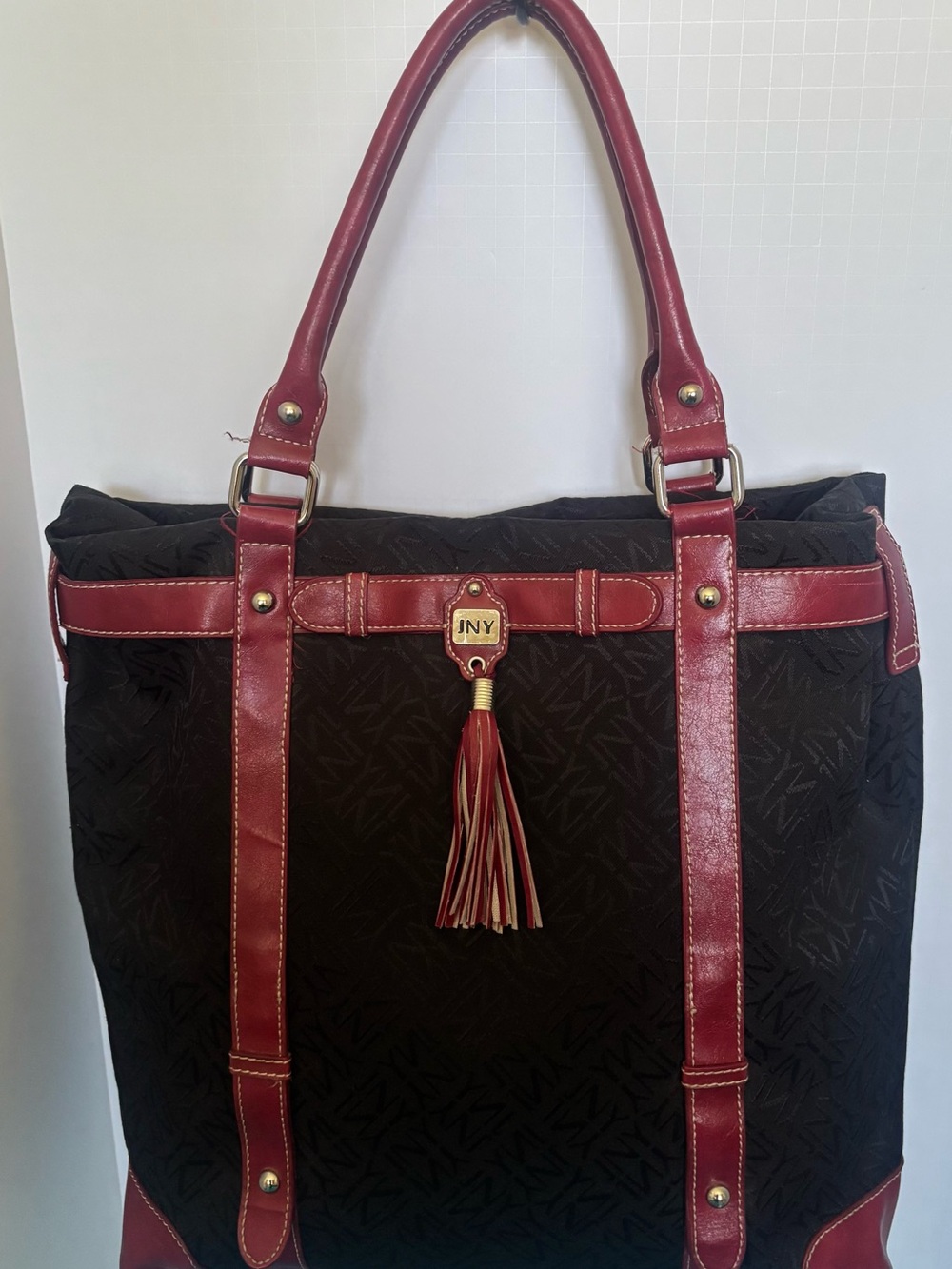 JNY Black Tote with Burgundy Trim and Tassel